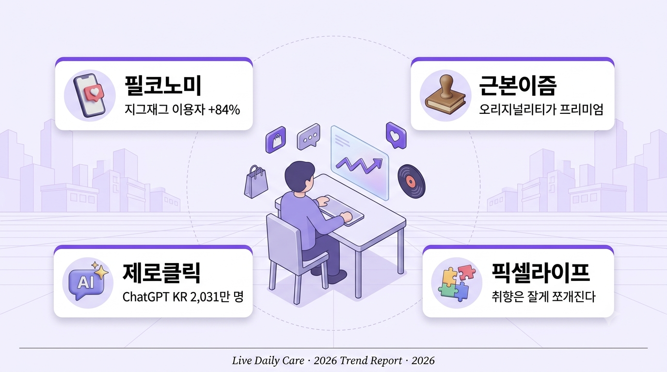 2026 트렌드 필코노미·근본이즘·제로클릭 3D 인포그래픽 썸네일
