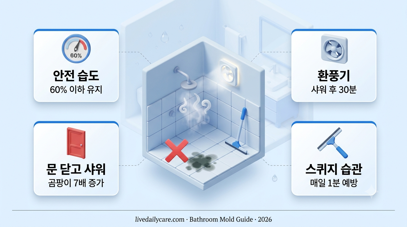 욕실 곰팡이 안 생기게 하는 습관 인포그래픽 - 습도 60% 관리, 스퀴지·환풍기 30분·변기 뚜껑까지 매일 1분 루틴 5가지 실전 가이드