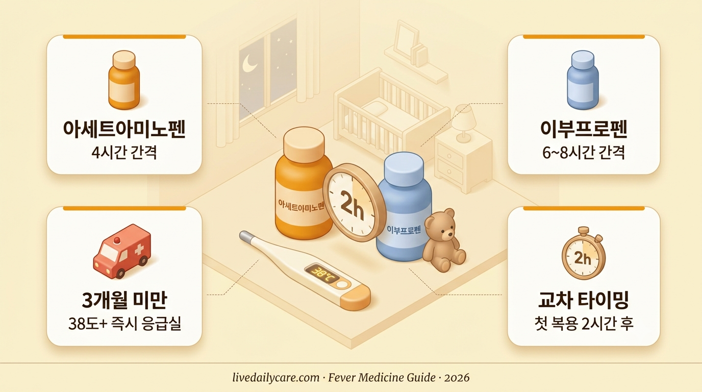 해열제 교차 복용 인포그래픽 - 아세트아미노펜 4시간·이부프로펜 6~8시간 간격, 체중별 용량, 새벽 발열 응급실 가야 하는 6가지 기준 정리