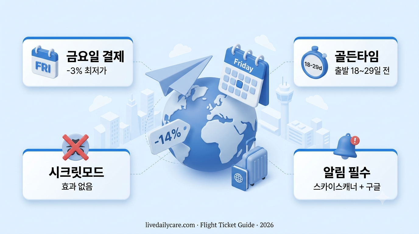 항공권 최저가 예매 인포그래픽 - 금요일 결제, 화요일 국내선 -14% 출발, 출발 18~29일 전 타이밍, 스카이스캐너·구글 플라이트 활용 실전 가이드