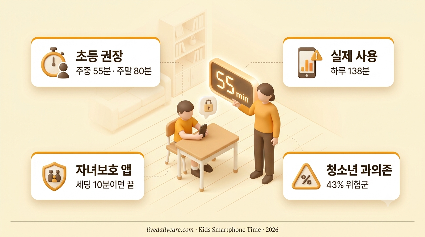 아이 스마트폰 사용 시간 관리 인포그래픽 - 초등학생 권장 55분 대비 실제 138분 사용, 구글 패밀리 링크 애플 스크린 타임 자녀보호 앱 설정으로 하루 사용 시간 줄이는 실전 관리법