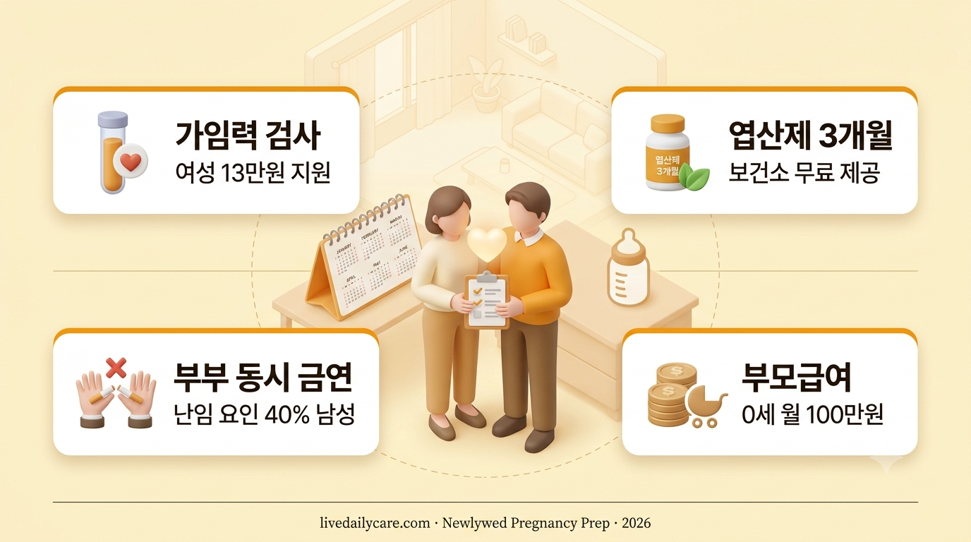 신혼부부 출산 준비 5가지 인포그래픽 - 가임력 검사 여성 13만원 남성 5만원, 산전 검사 보건소 무료, 엽산제 3개월분 무료, 부부 생활습관 개선, 정부 지원금 6개월 사전 준비 타임라인