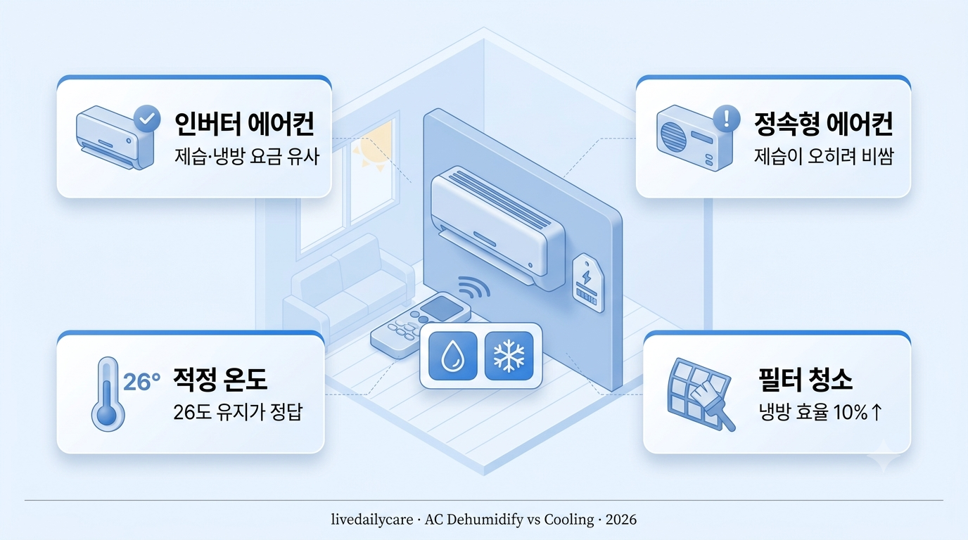 에어컨 제습모드와 냉방모드 전기세 비교 - 아이소메트릭 인포그래픽