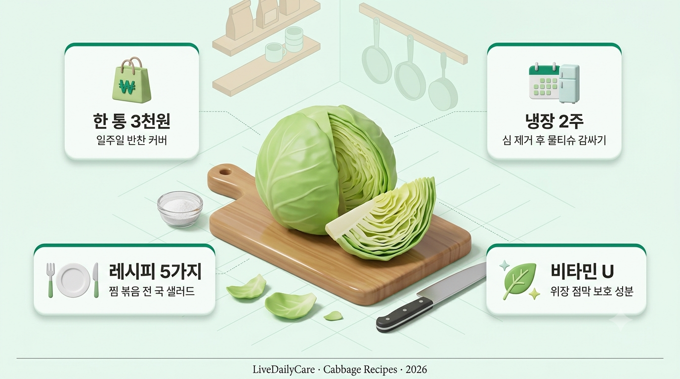 양배추 요리 인포그래픽 - 도마 위 신선한 양배추 한 통과 반으로 잘라진 단면