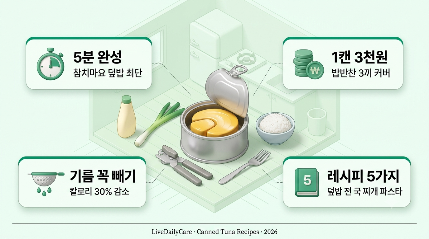 참치캔 요리 인포그래픽 - 참치캔 열린 상태, 밥, 마요네즈, 파, 자취방 부엌 배경