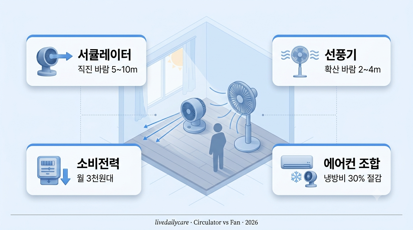 서큘레이터와 선풍기 나란히 놓고 바람 흐름 비교하는 아이소메트릭 인포그래픽