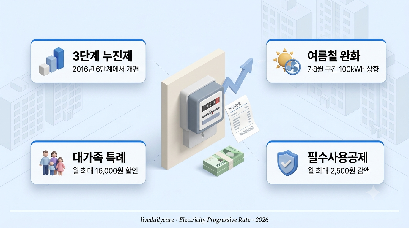 주택용 전기요금 누진제 인포그래픽 — 3단계 구간, 여름철 완화, 필수사용공제, 대가족 특례