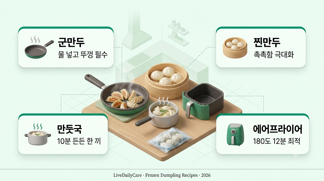 냉동만두 활용법 인포그래픽 - 팬 군만두·찜기 찐만두·만둣국 냄비·에어프라이어 조리법 비교