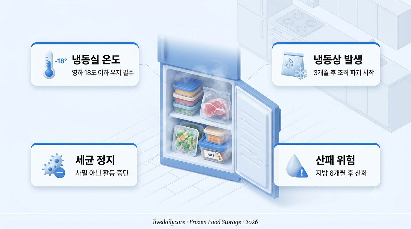 냉동실 음식 보관 인포그래픽 — 냉동 온도, 세균 정지, 냉동상, 산패 위험