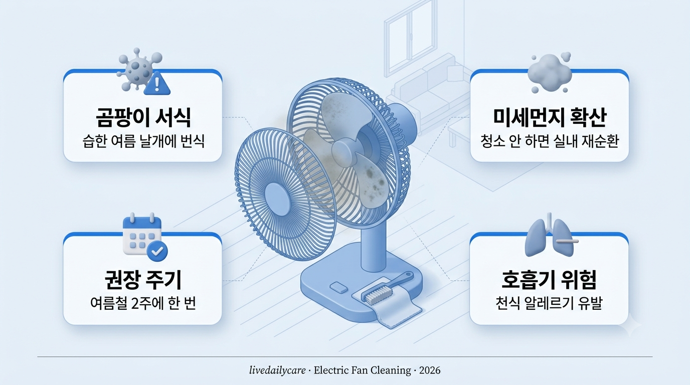 선풍기 청소 인포그래픽 — 곰팡이 서식, 미세먼지, 호흡기 위험, 권장 주기