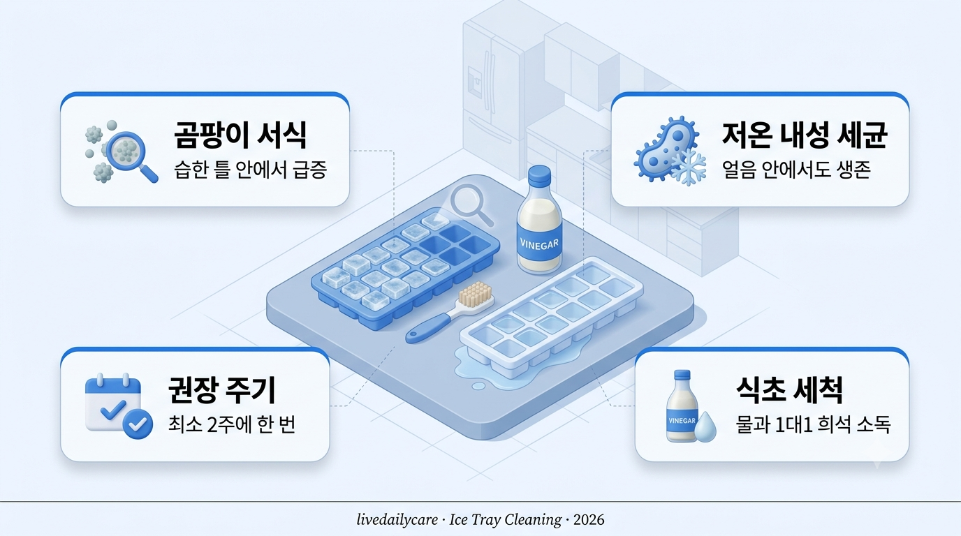 얼음틀 세척 인포그래픽 — 곰팡이·세균 위험, 식초 세척, 실리콘 vs 플라스틱, 권장 주기