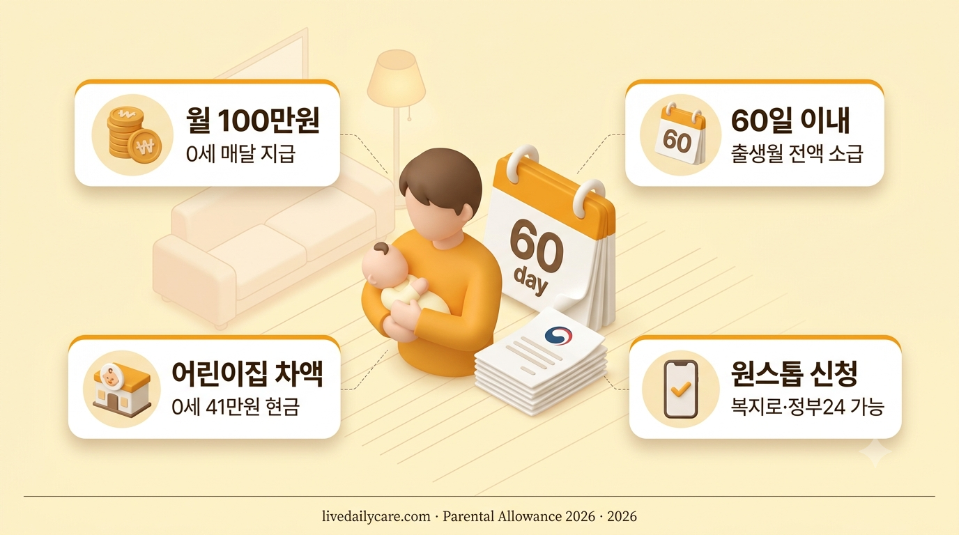 부모급여 100만원과 60일 신청 규칙 인포그래픽 — 캘린더와 지원금 아이콘