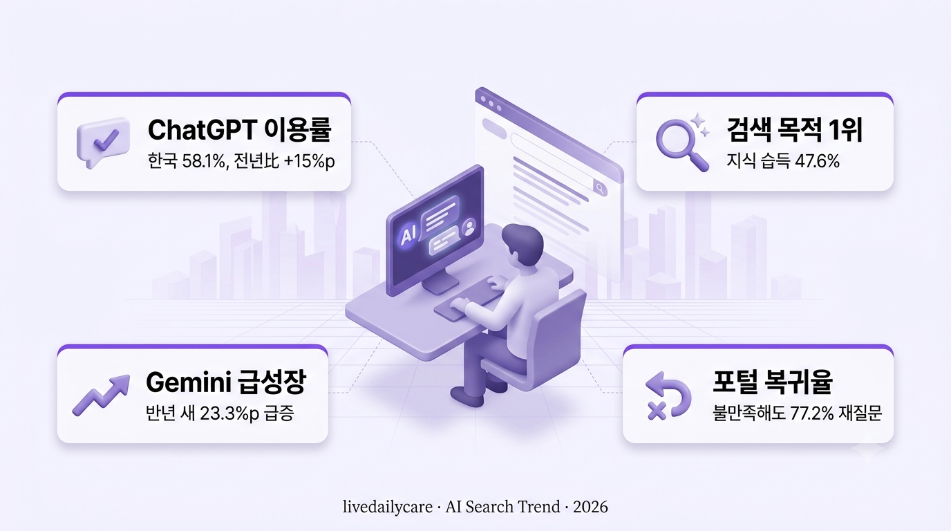 AI 검색 트렌드 인포그래픽 — AI 채팅창과 포털 검색창 비교 3D 아이소메트릭 일러스트