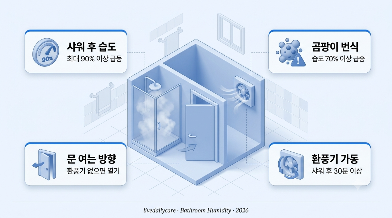 화장실 습기 제거 인포그래픽 — 샤워 후 습도 90%, 곰팡이 번식, 환풍기 30분, 문 여는 방향