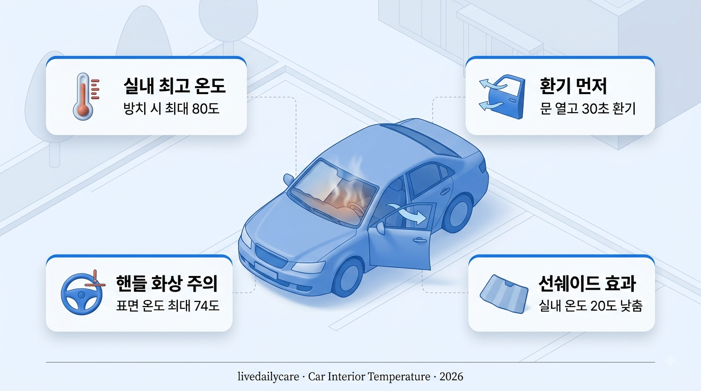 자동차 실내 온도 인포그래픽 — 방치 시 최대 80도, 환기 먼저, 선쉐이드 효과, 핸들 화상 주의