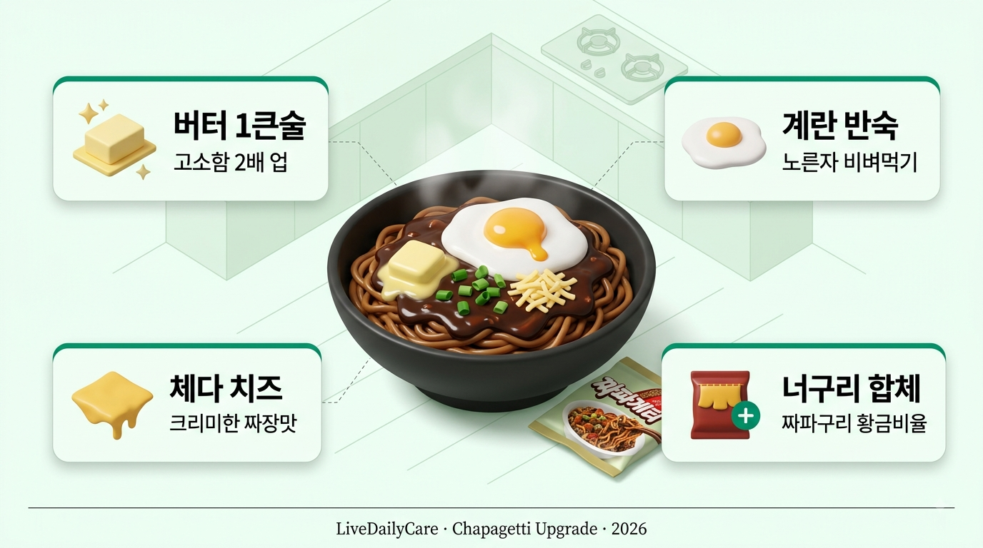 짜파게티 업그레이드 재료 5가지 인포그래픽 - 버터 계란 치즈 너구리 참치캔 조합