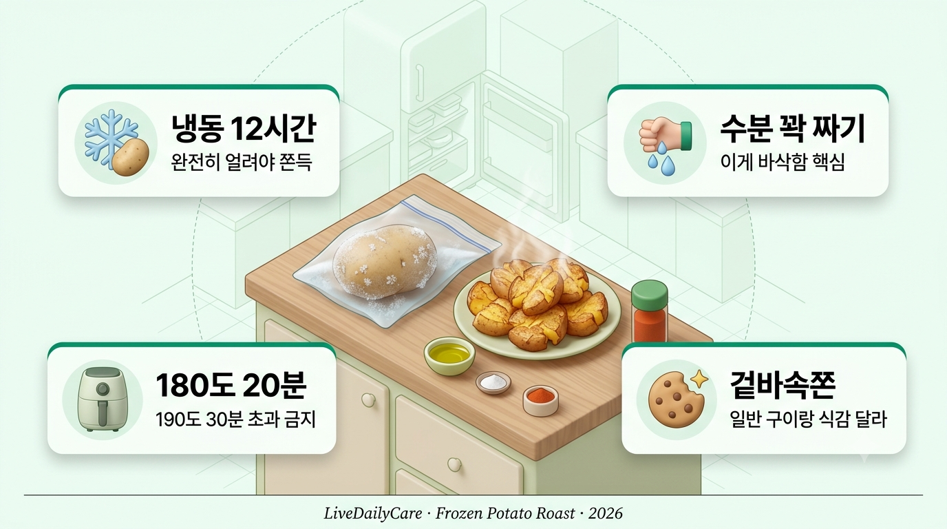 얼린 감자구이 만드는 법 인포그래픽 - 냉동 감자와 에어프라이어 황금빛 구이 완성