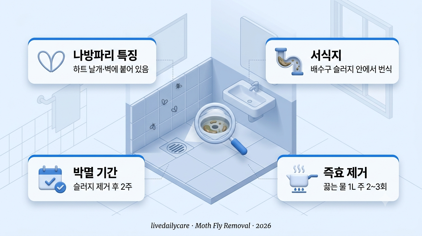 나방파리 없애는 법 인포그래픽 — 하트 날개 특징, 배수구 서식지, 끓는 물 제거, 2주 박멸 기간