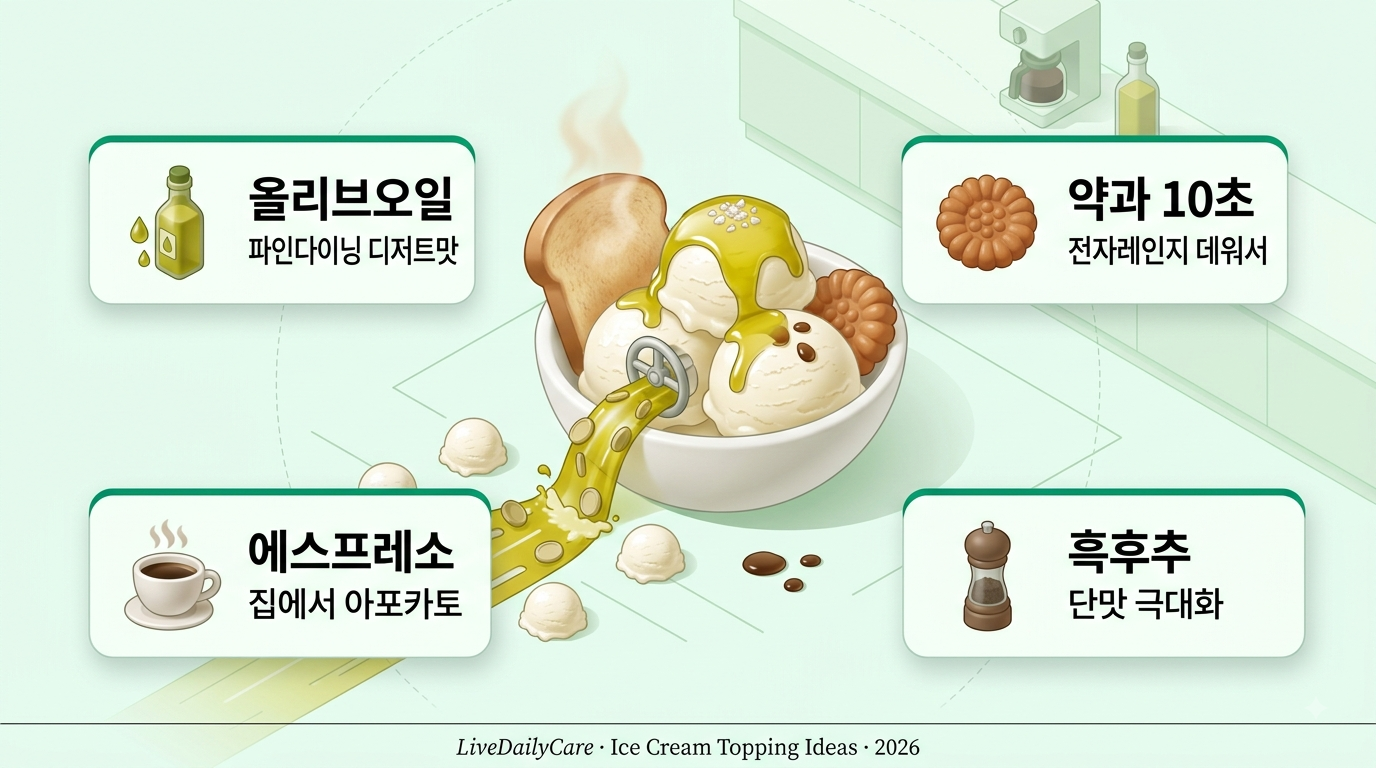 아이스크림 토핑 추천 5가지 - 올리브오일 약과 에스프레소 흑후추 구운 빵 조합 인포그래픽
