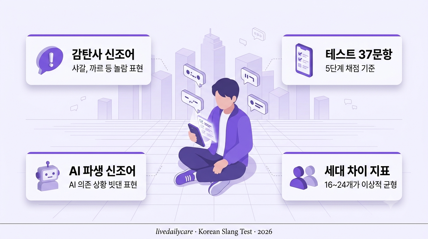 2026 신조어 테스트 인포그래픽 — 스마트폰 퀴즈 화면과 말풍선 아이콘들