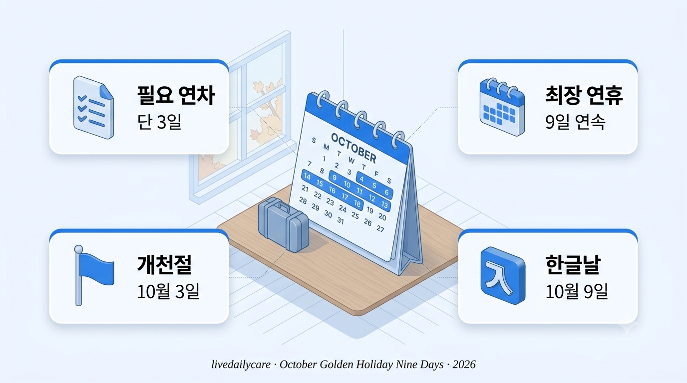 10월 황금연휴 이미지 — 달력 위 10월 3일부터 11일까지 이어지는 9일 연휴 구간이 강조 표시된 모습