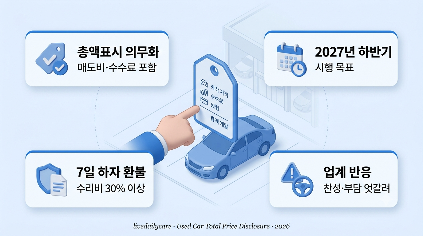 중고차 총액표시제 이미지 — 가격표 위에 매도비·수수료 항목이 합산되어 총액으로 표시되는 모습