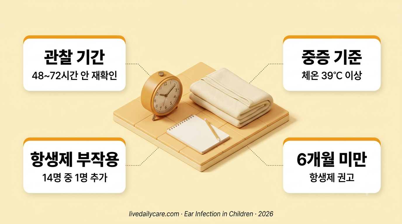 아이 중이염 항생제 판단 기준, 탁상시계와 접어둔 담요, 빈 메모장이 놓인 따뜻한 톤의 3D 인포그래픽