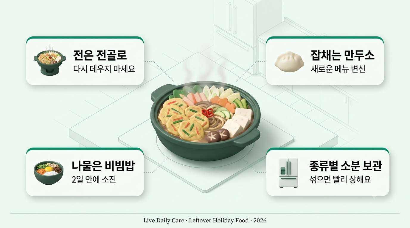 남은 전과 잡채로 만든 전골과 볶음밥이 담긴 그릇