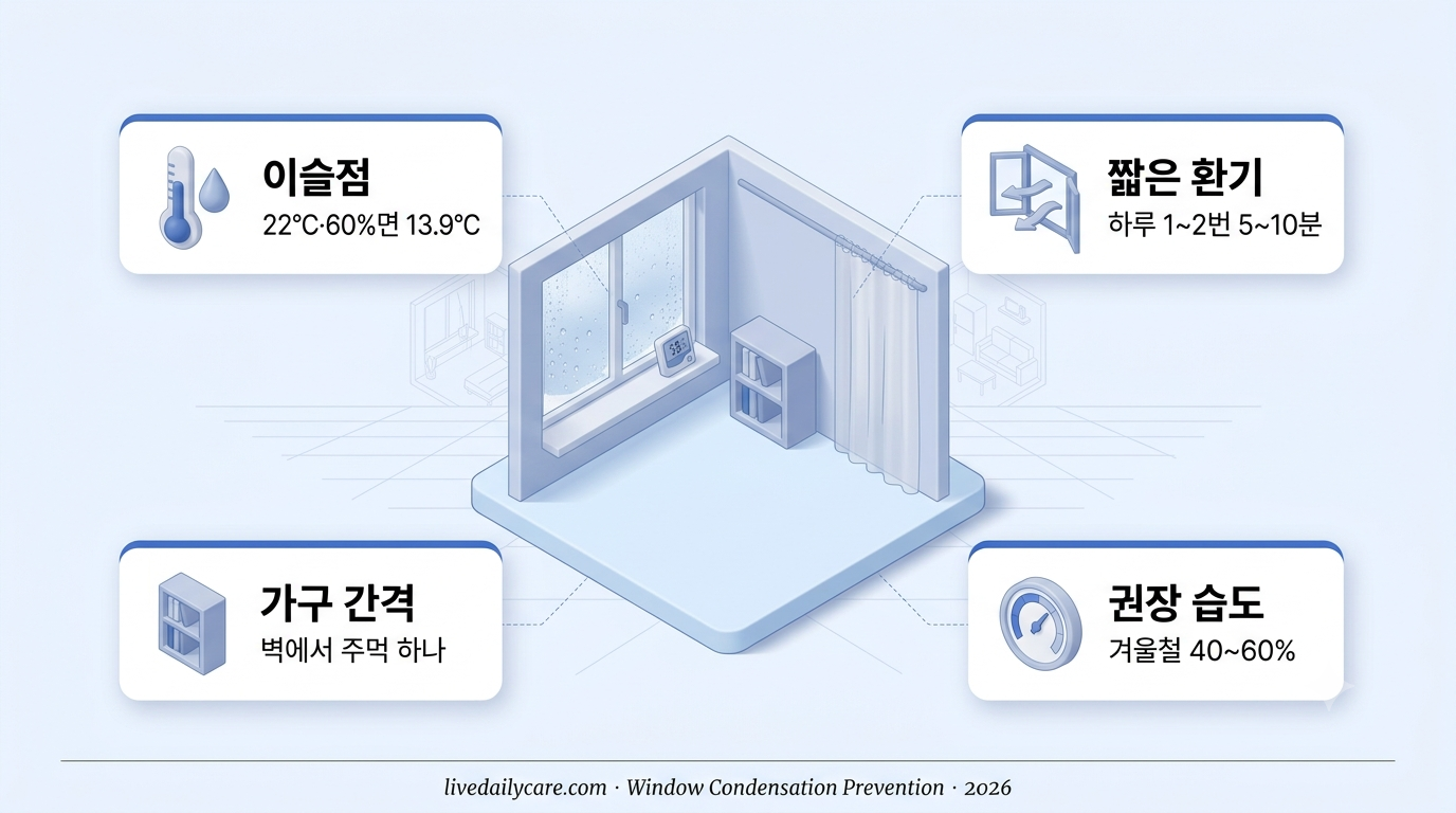 창문 결로, 실내 22℃·습도 60%면 14℃ 유리에 맺혀요